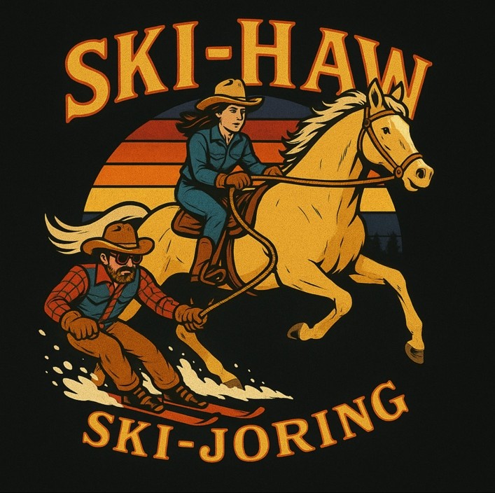 Ski-Haw ski-joring artwork with horse, rider, and skier